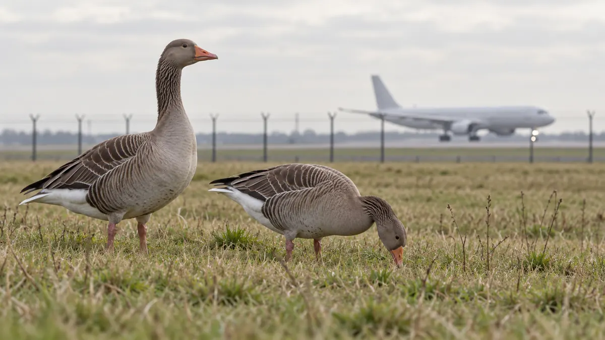 Twee ganzen in gras buiten een luchthavenhek, met een vliegtuig op de achtergrond.
