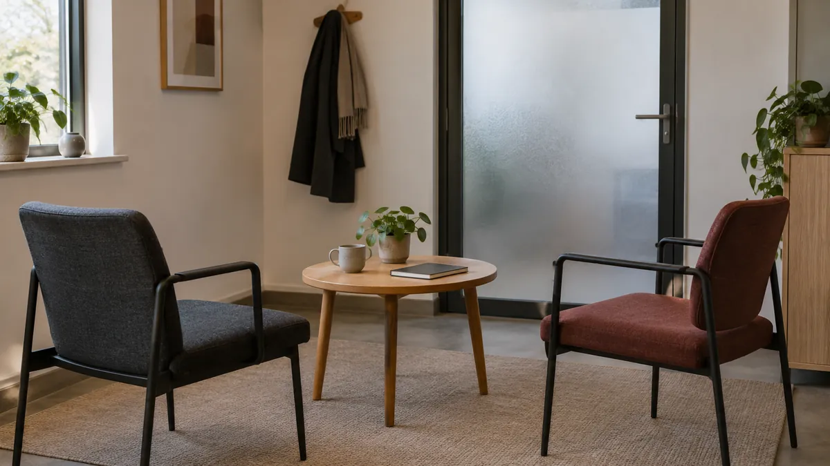 Twee stoelen en een kleine tafel in een rustige gespreksruimte.