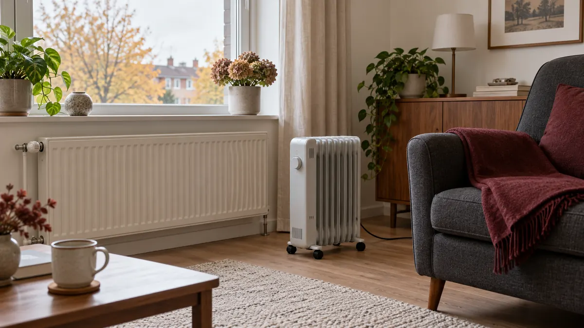 Een elektrische noodkachel naast een stoel in een eenvoudige woonkamer.