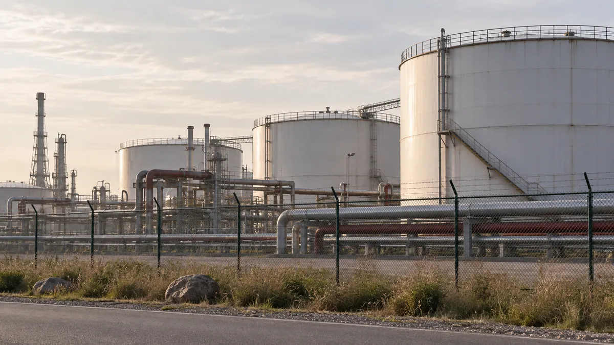 Algemene olieopslag met metalen tanks en leidingen achter een hek.