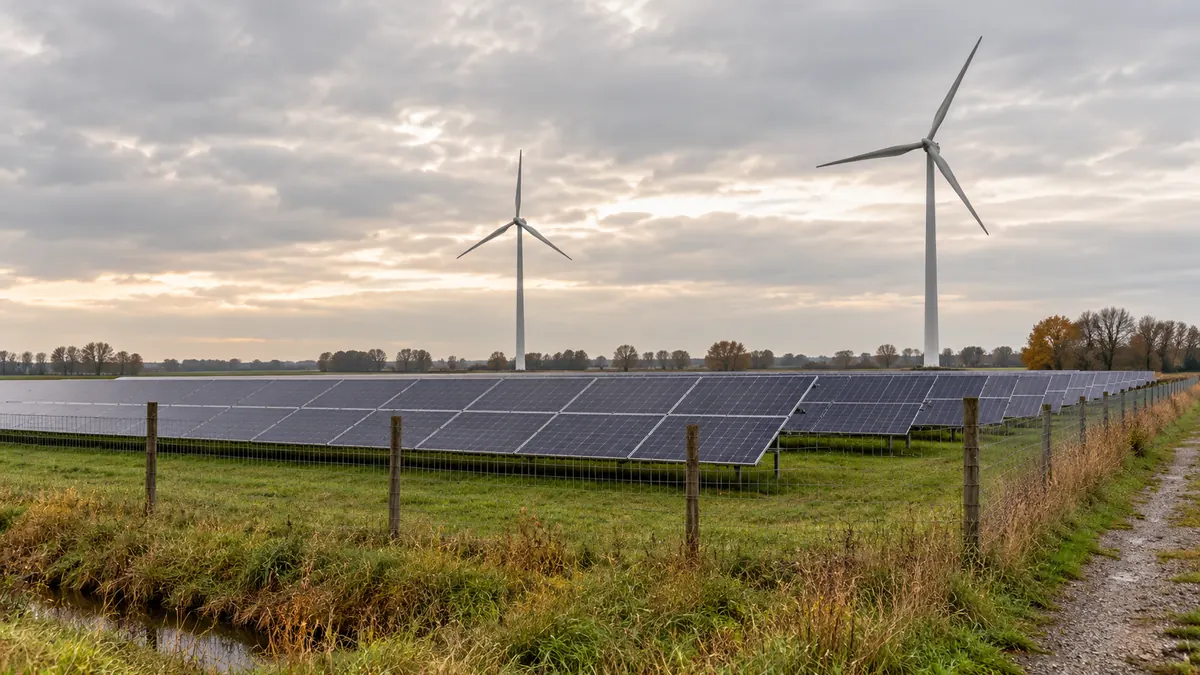 Zonnepanelen en windmolens in een vlak landelijk gebied.