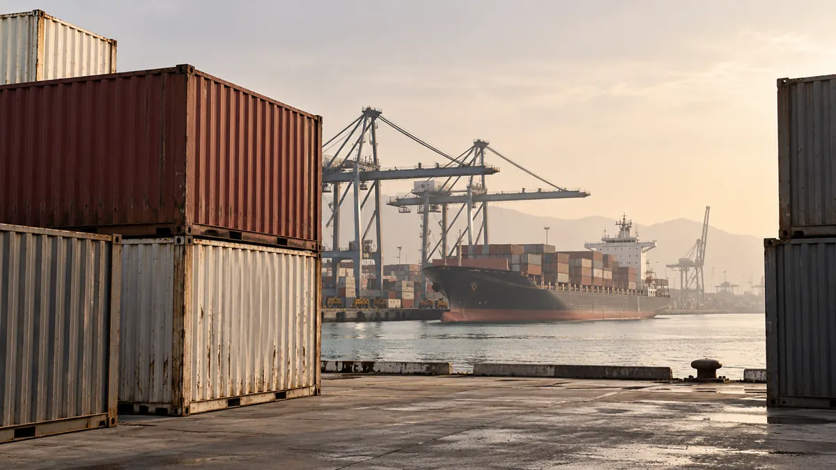Zeecontainers en een vrachtschip in een algemene commerciële haven.