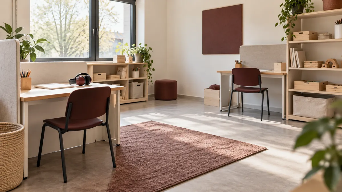Een rustig klein leslokaal met aparte werkplekken en gehoorbeschermers op een tafel.