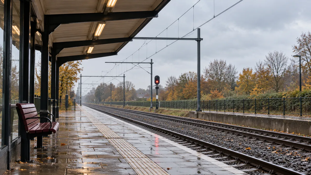 Een leeg perron naast spoorlijnen met een rood sein in de verte.