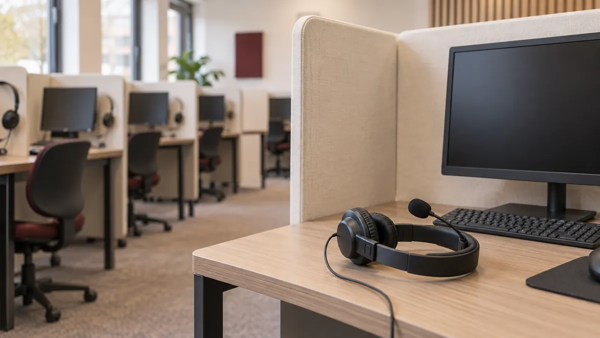 Headsets en tussenschotten bij computerwerkplekken in een algemene examenruimte.