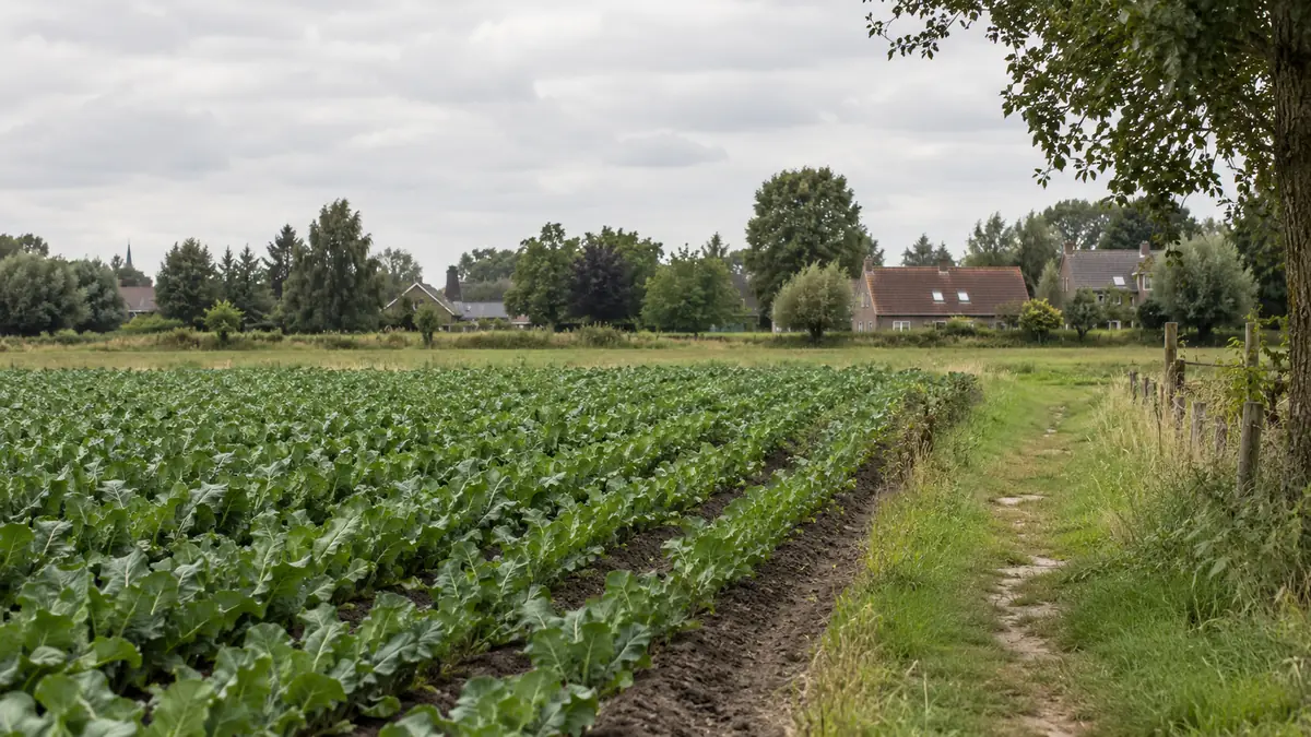 Een algemeen landbouwperceel met woningen aan de horizon.