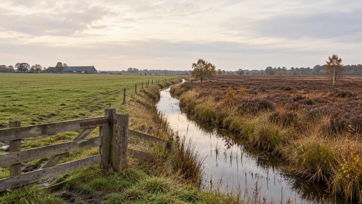 Een algemene landbouwweide naast een heidegebied, gescheiden door een sloot.