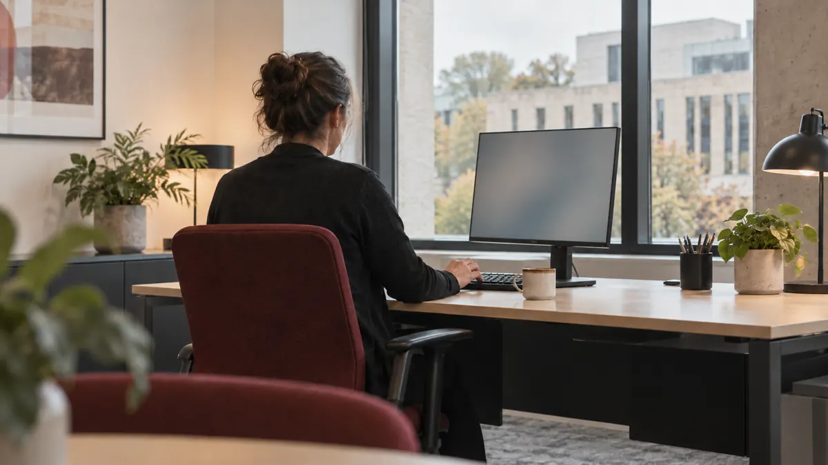 Een anonieme medewerker aan een bureau in een algemene kantooromgeving.