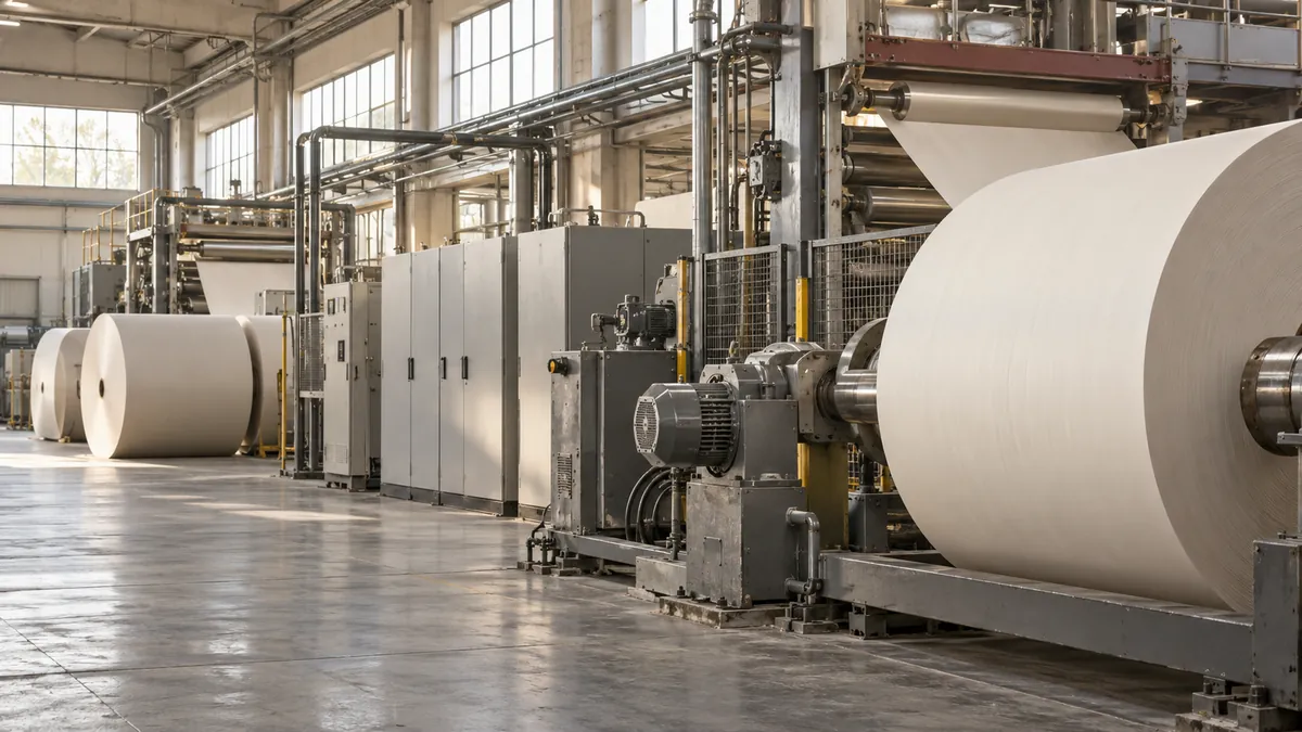 Papierrollen en elektrische machines in een algemene industriële productiehal.