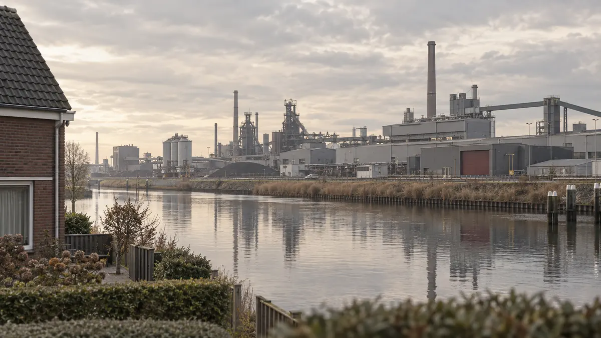 Een algemene staalfabriek aan het water, gezien vanaf een woonomgeving.