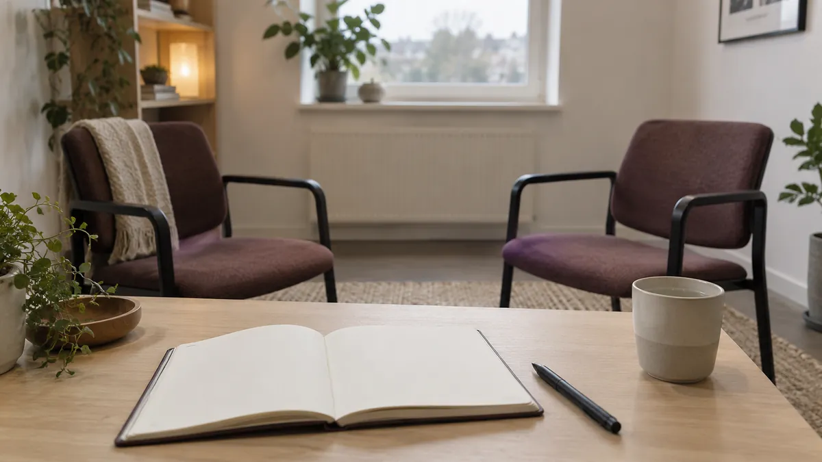 Blanco notitieboek en pen op een tafel met twee lege stoelen in een eenvoudige gespreksruimte.