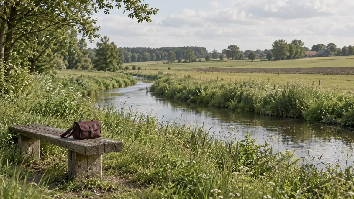 Een algemeen beekdal met grasrijke oevers en landbouwpercelen in de verte.