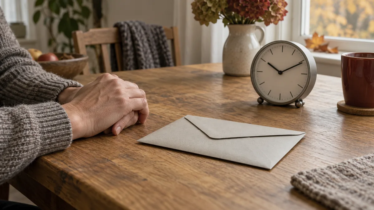 Gevouwen handen, een gesloten envelop en een klok op een houten tafel.