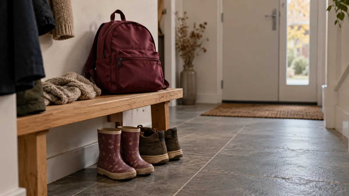 Een kleine schoolrugzak en regenlaarzen in de hal van een woning.