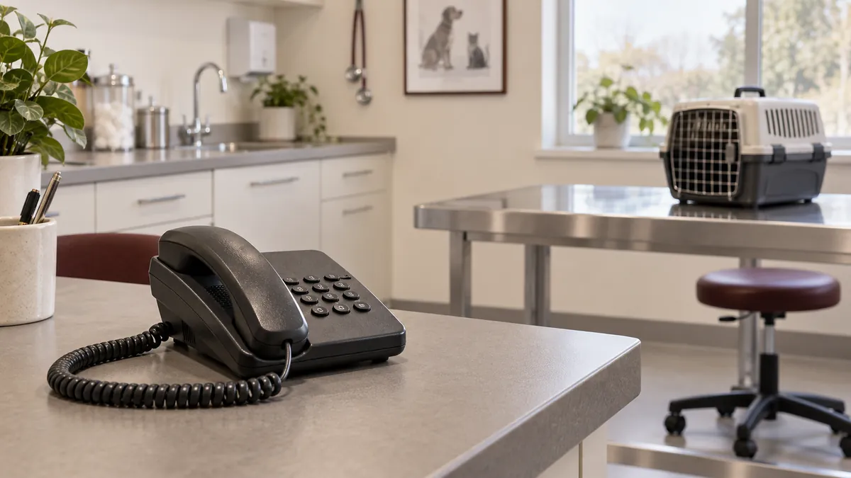 Een telefoon op de balie van een rustige dierenartsenpraktijk.