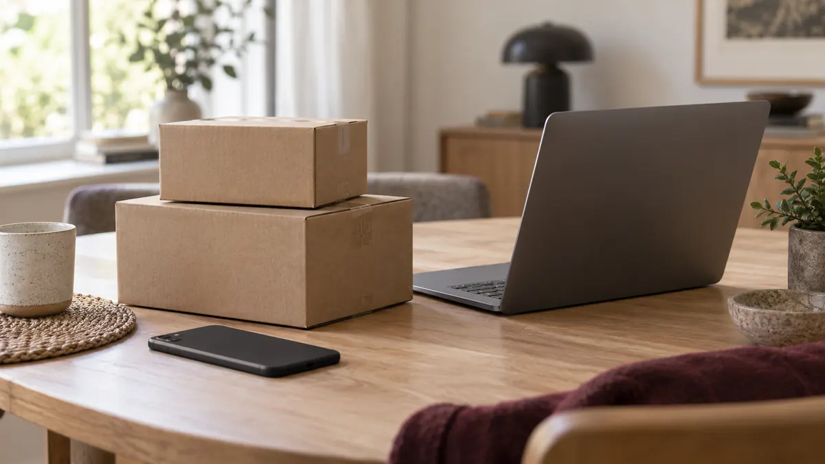 Een laptop, telefoon en twee eenvoudige pakketdozen op een tafel.