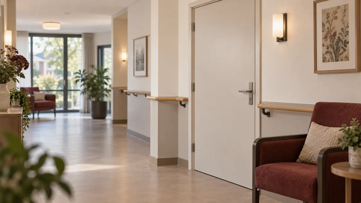 Een rustige gang met handrails, een gesloten deur en een stoel in een zorggebouw.