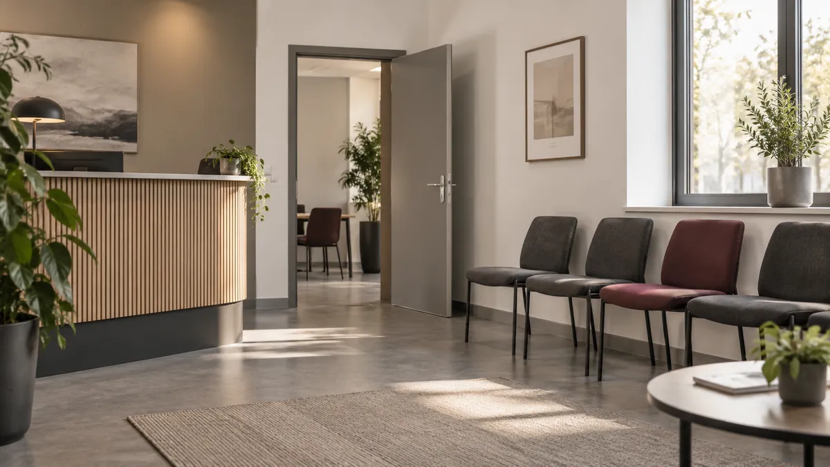 Een lege algemene wachtruimte met stoelen en een ontvangstbalie.