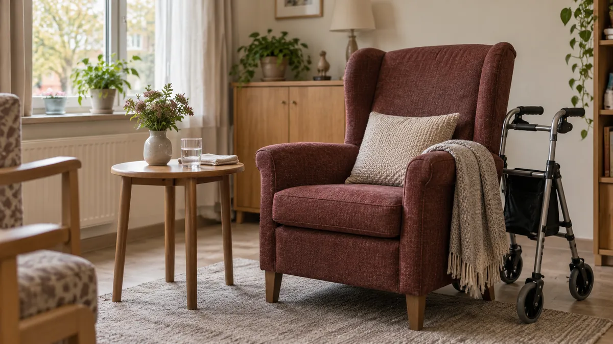 Algemene zithoek in een verpleeghuis, met een fauteuil, drinkglas en looprek.