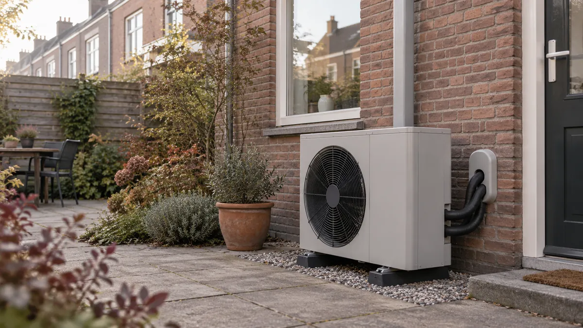 Algemene warmtepompunit naast de bakstenen gevel van een woning.