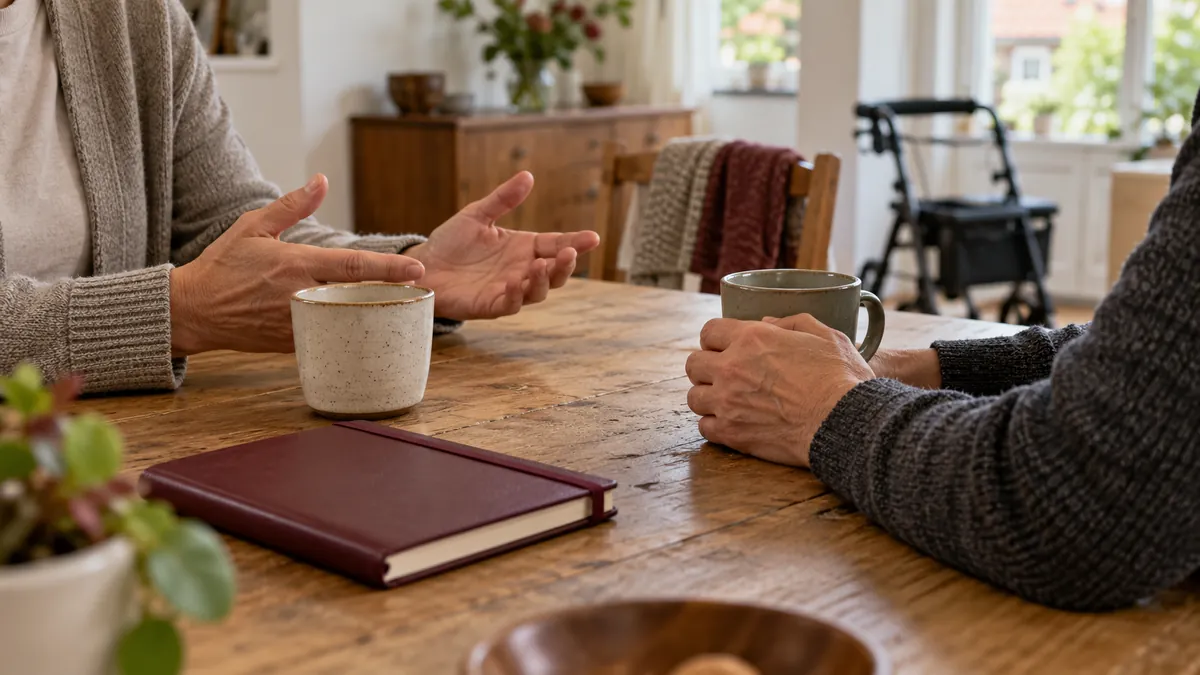 Twee volwassenen in gesprek aan een keukentafel, met op de achtergrond een rollator.