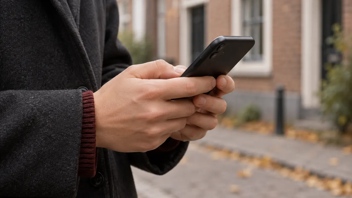 Handen van een onbekende persoon die buiten een donkere smartphone vasthoudt.