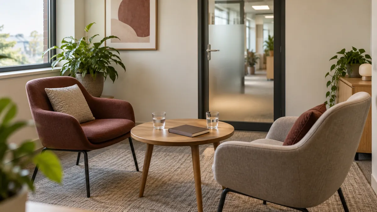 Twee lege stoelen bij een ronde tafel in een rustige gespreksruimte op kantoor.