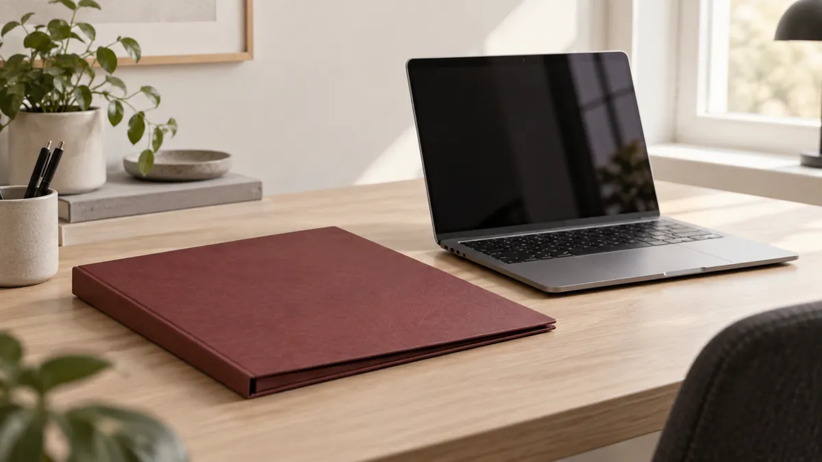 Een gesloten dossiermap naast een laptop met een donker scherm.