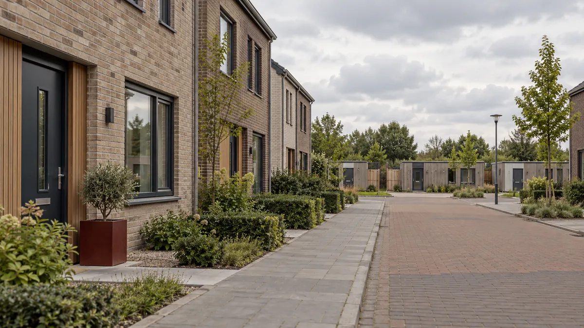 Een algemene woonstraat met bescheiden woningen en enkele compacte woonunits.