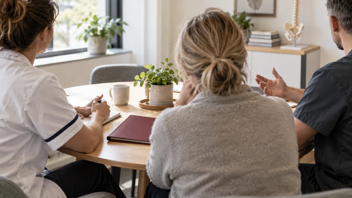 Drie mensen overleggen aan een tafel in een algemene zorgpraktijk, gezien van achteren.