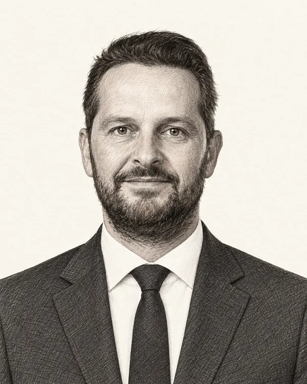 Zwart-wit getekend portret van André Flach