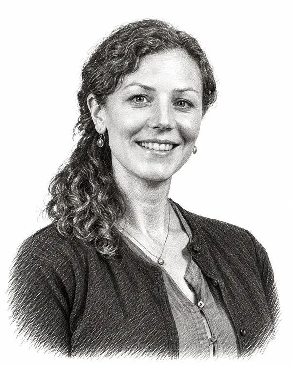 Zwart-wit getekend portret van Christine Teunissen