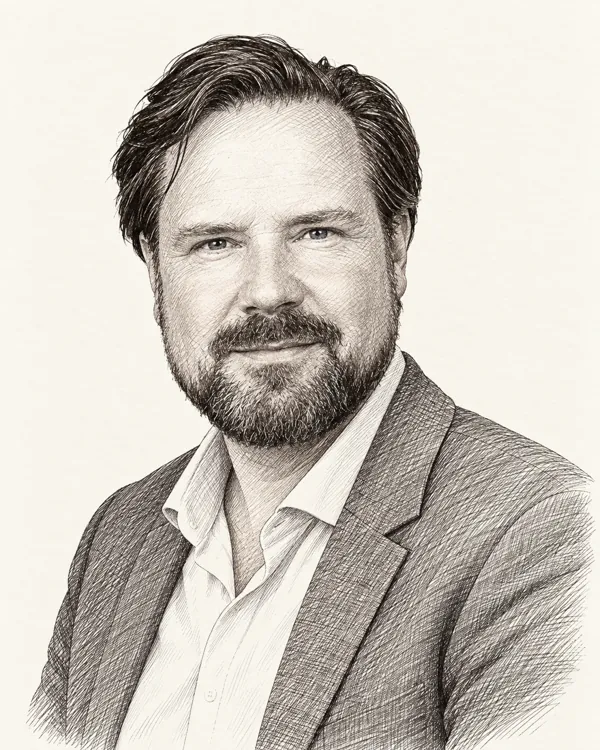 Zwart-wit getekend portret van Diederik Boomsma