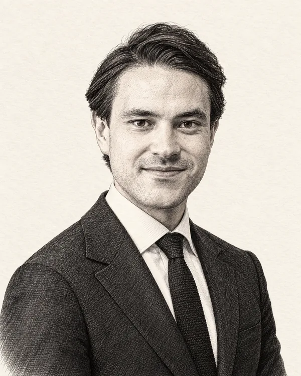 Zwart-wit getekend portret van Dion Huidekooper