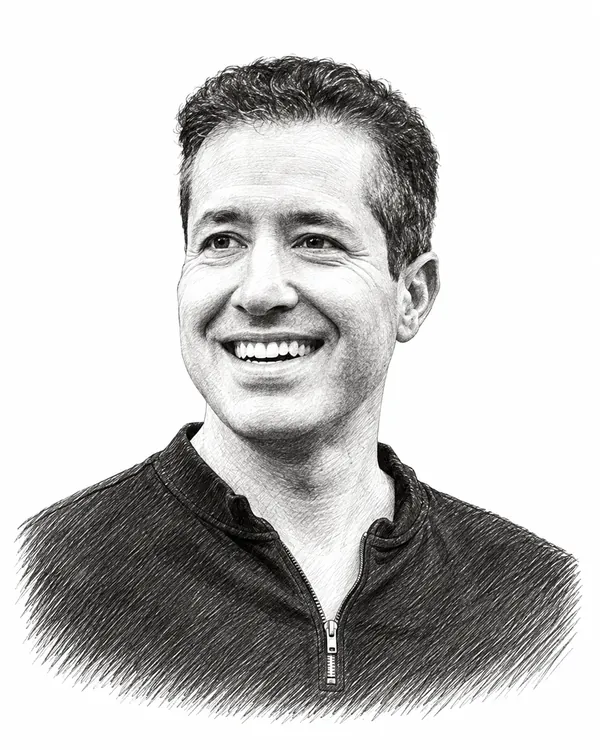 Zwart-wit getekend portret van Farshad Bashir