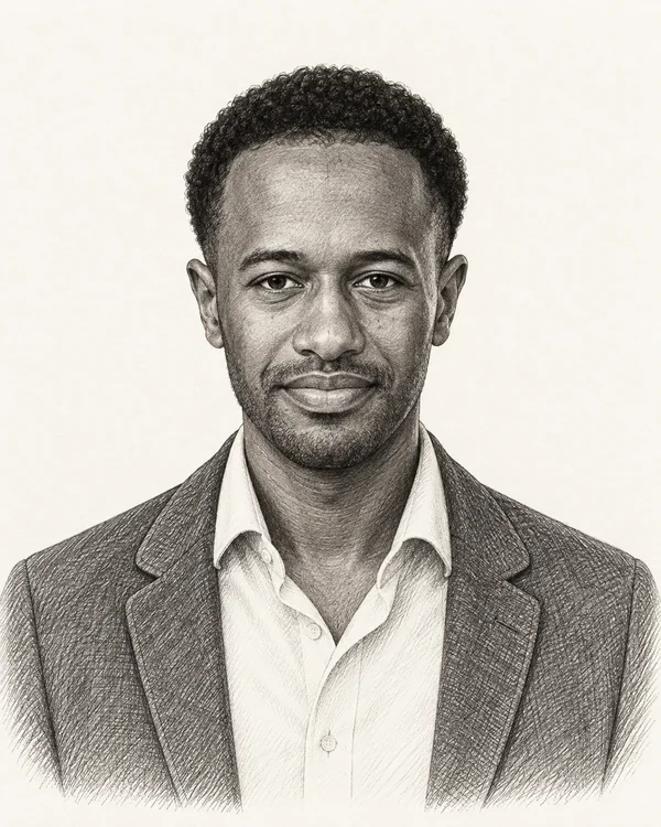 Zwart-wit getekend portret van Habtamu de Hoop