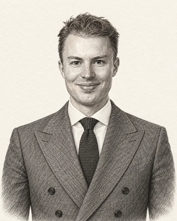 Zwart-wit getekend portret van Julian Bushoff