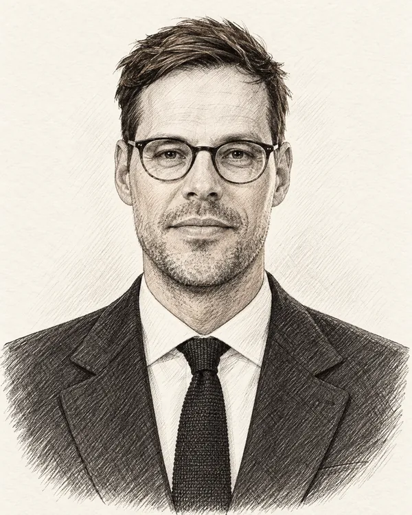 Zwart-wit getekend portret van Jurgen Nobel