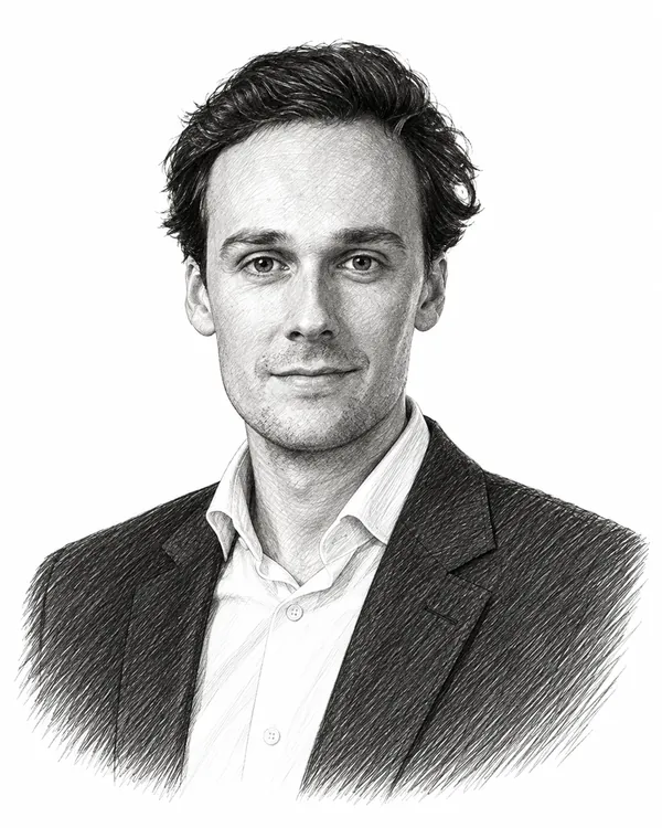 Zwart-wit getekend portret van Luc Stultiens