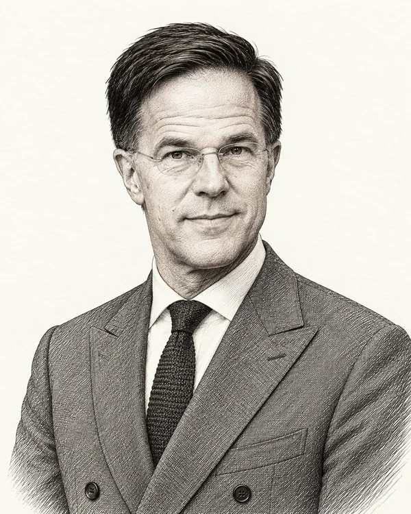 Zwart-wit getekend portret van Mark Rutte