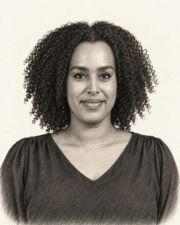 Zwart-wit getekend portret van Mikal Tseggai