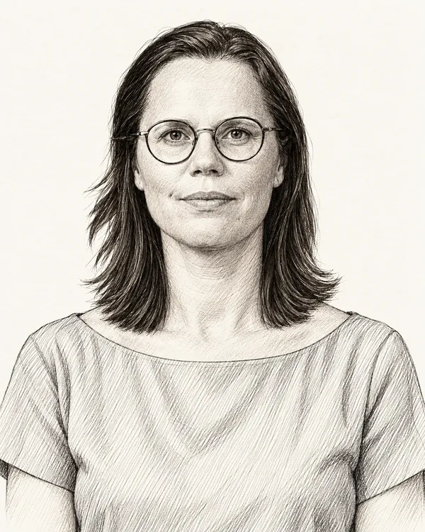 Zwart-wit getekend portret van Mirjam Bikker