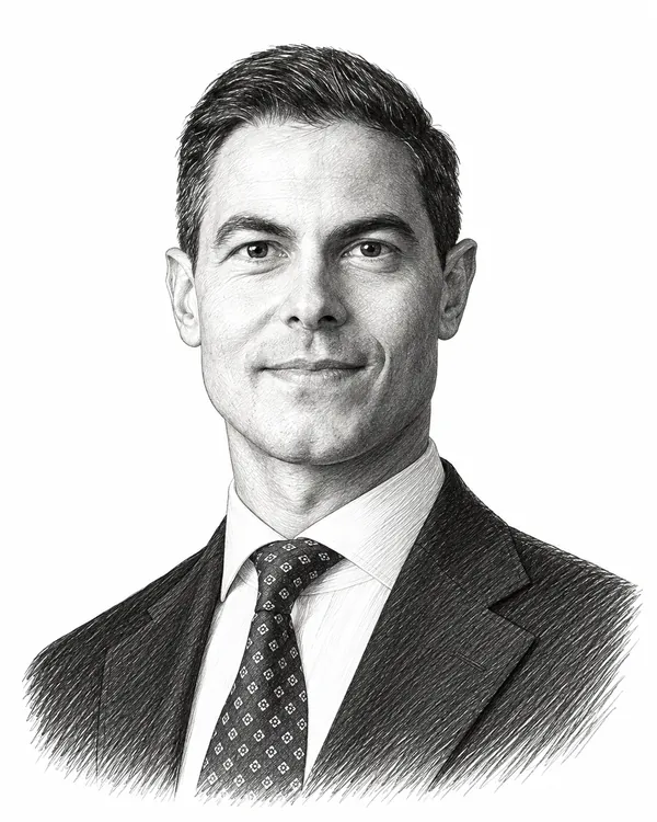 Zwart-wit getekend portret van Rob Jetten