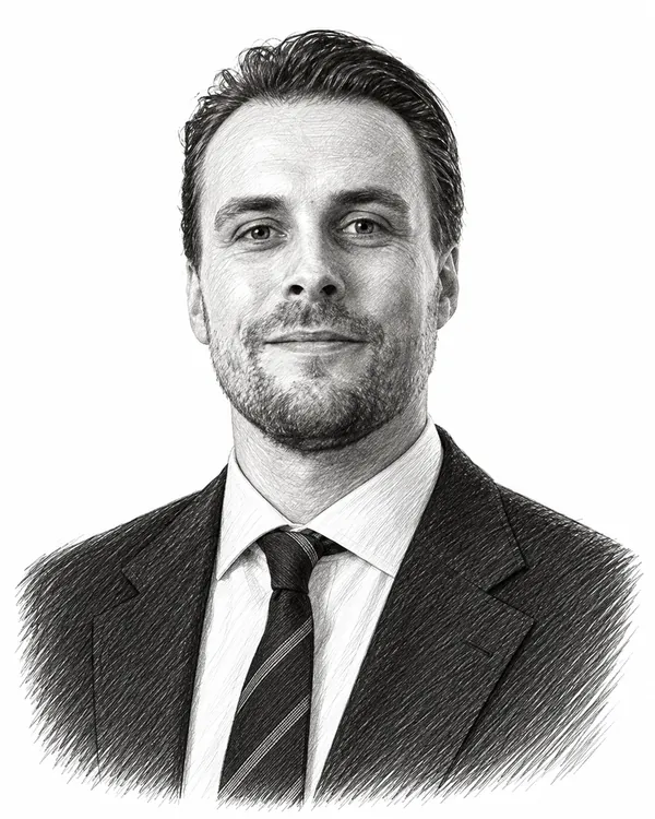 Zwart-wit getekend portret van Tom Russcher